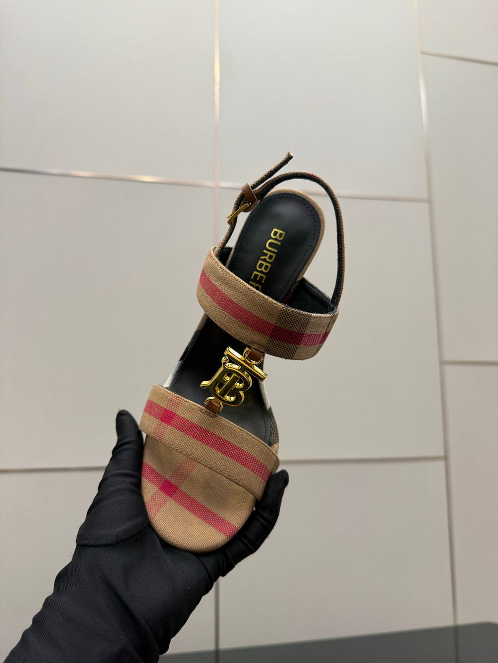 BURBERRY 26S HIGH-HEELED SANDALS 100 MM IN LIGHT BROWN STRIPES FABRIC