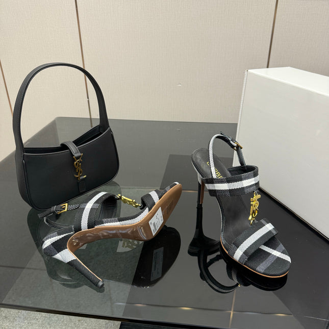 BURBERRY 26S HIGH-HEELED SANDALS 100 MM IN BLACK AND WHITE STRIPES FABRIC