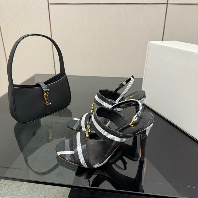 BURBERRY 26S HIGH-HEELED SANDALS 100 MM IN BLACK AND WHITE STRIPES FABRIC