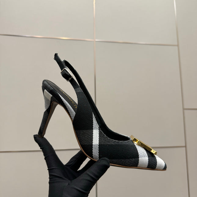 BURBERRY 26S SLINGBACK HEELS 85 MM IN STRIPED COLOR COORDINATION FABRIC WITH GOLD HARDWARE STYLE 6