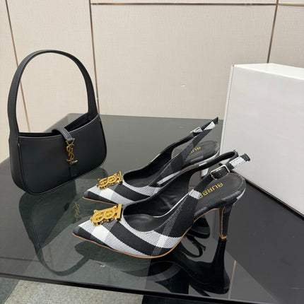 BURBERRY 26S SLINGBACK HEELS 85 MM IN STRIPED COLOR COORDINATION FABRIC WITH GOLD HARDWARE STYLE 6