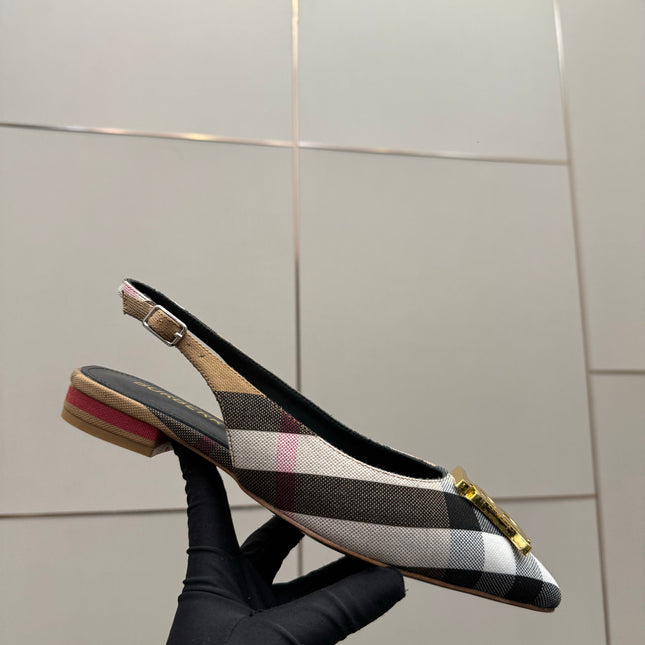 BURBERRY 26S SLINGBACK HEELS 85 MM IN STRIPED COLOR COORDINATION FABRIC WITH GOLD HARDWARE STYLE 6