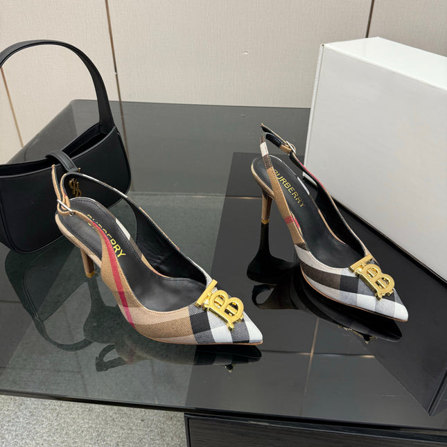 BURBERRY 26S SLINGBACK HEELS 85 MM IN STRIPED COLOR COORDINATION FABRIC WITH GOLD HARDWARE STYLE 5