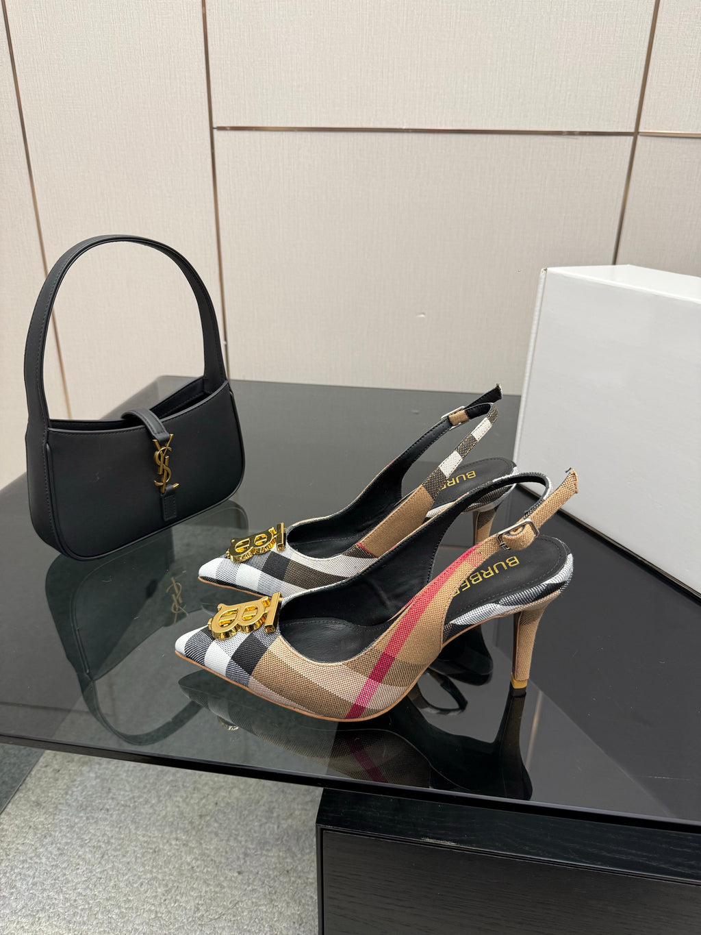 BURBERRY 26S SLINGBACK HEELS 85 MM IN STRIPED COLOR COORDINATION FABRIC WITH GOLD HARDWARE STYLE 5