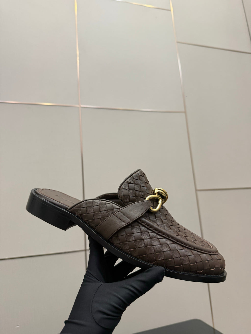 BOTTEGA VENETA 26S BACKLESS LOAFERS IN BROWN TECHNICAL WOVEN CALFSKIN