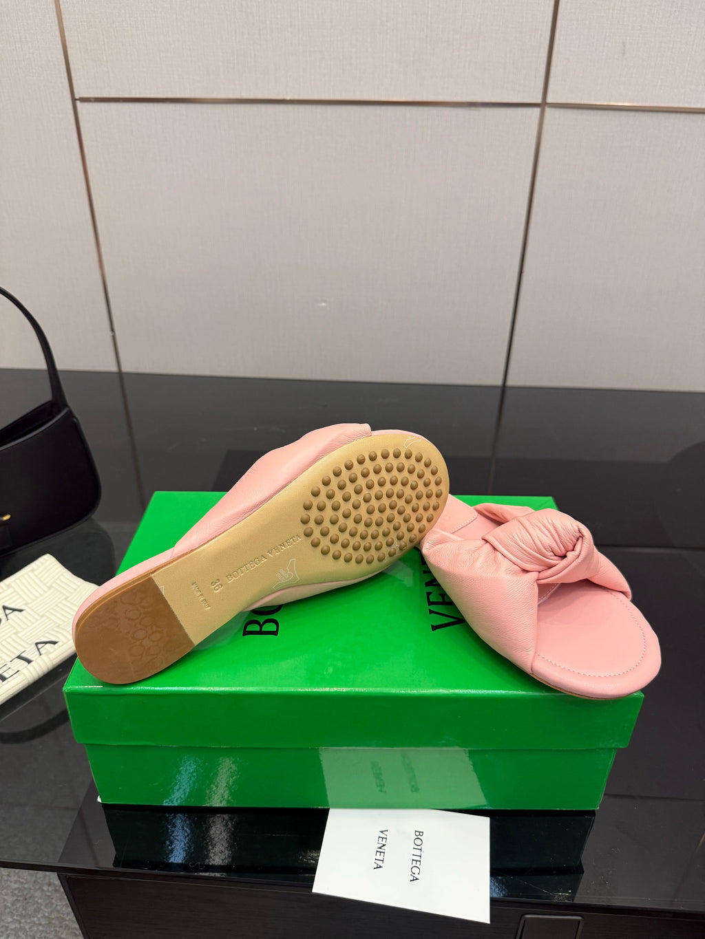BOTTEGA VENETA 26S SLIDE SANDALS IN PASTEL PINK LAMBSKIN