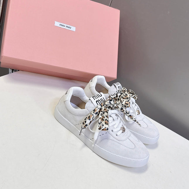MIUMIU 25S SNEAKERS IN WHITE SUEDE WITH LEOPARD-PRINT LACES