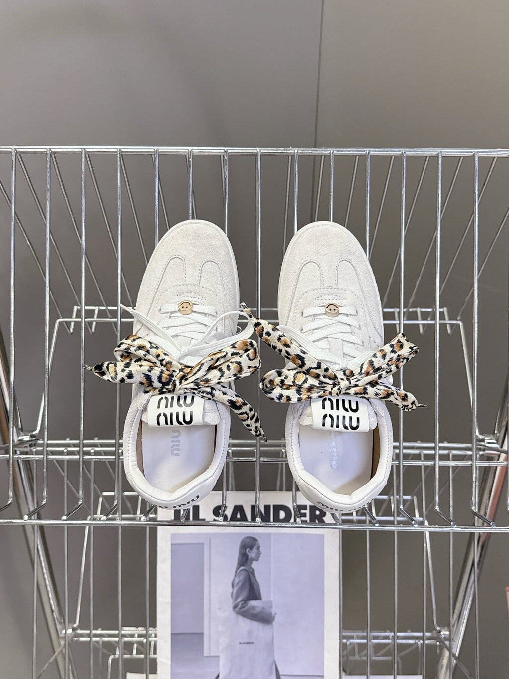 MIUMIU 25S SNEAKERS IN WHITE SUEDE WITH LEOPARD-PRINT LACES