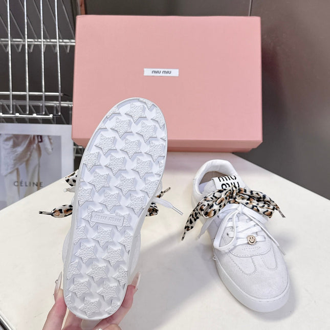 MIUMIU 25S SNEAKERS IN WHITE SUEDE WITH LEOPARD-PRINT LACES