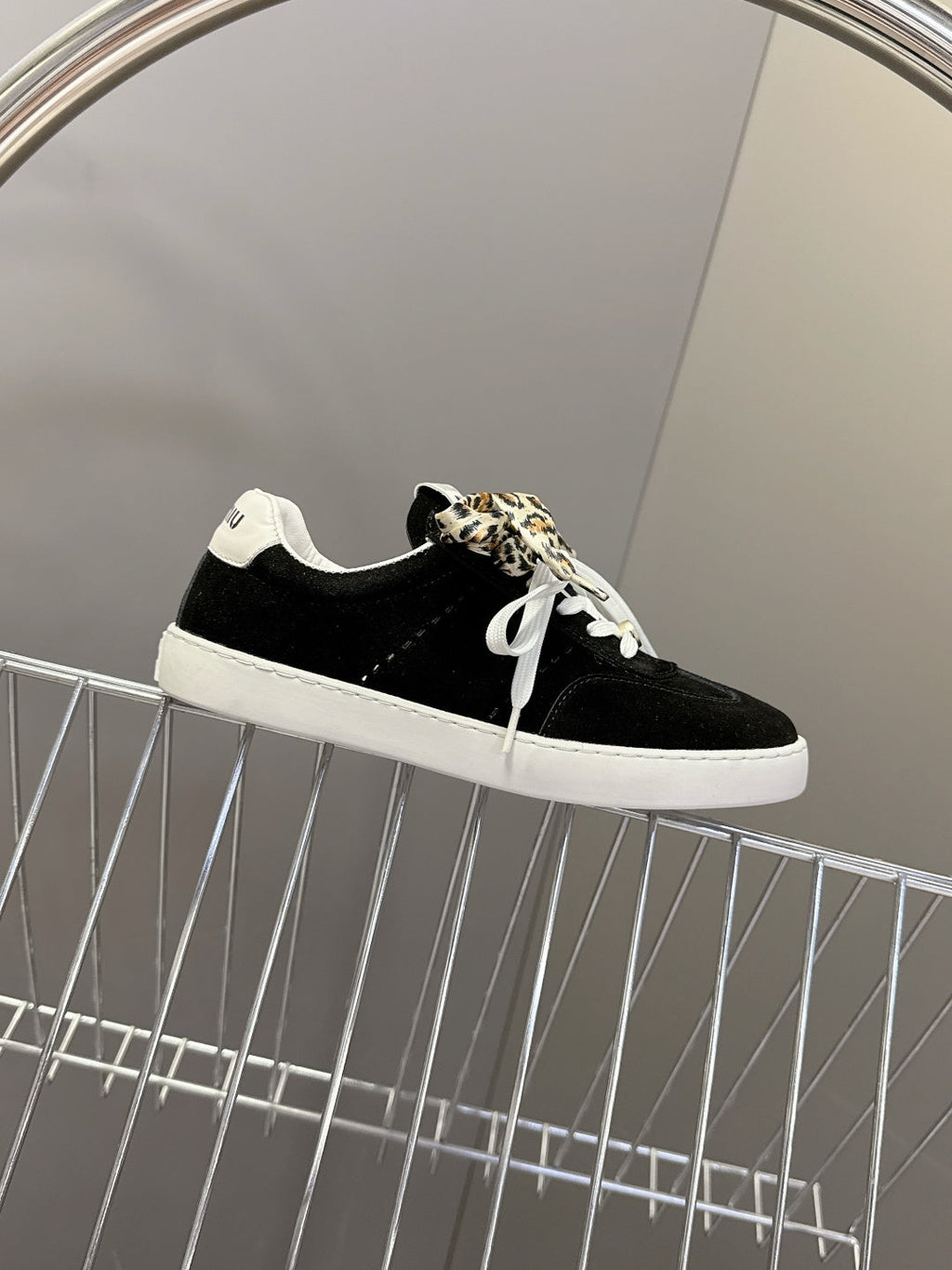 MIUMIU 25S SNEAKERS IN BLACK SUEDE WITH LEOPARD-PRINT LACES