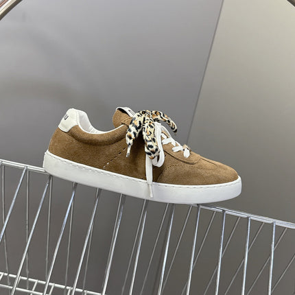 MIUMIU 25S SNEAKERS IN EARTH BROWN SUEDE WITH LEOPARD-PRINT LACES