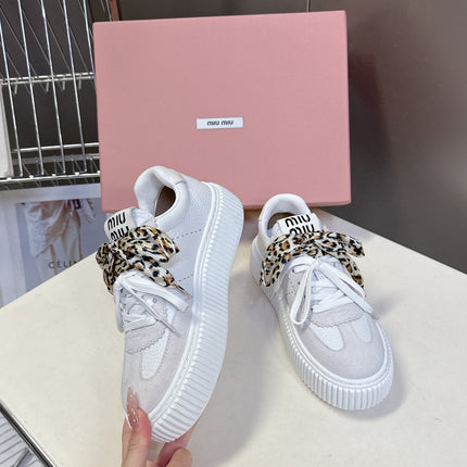 MIUMIU 25S SNEAKERS 45NN IN WHITE SUEDE WITH LEOPARD-PRINT LACES