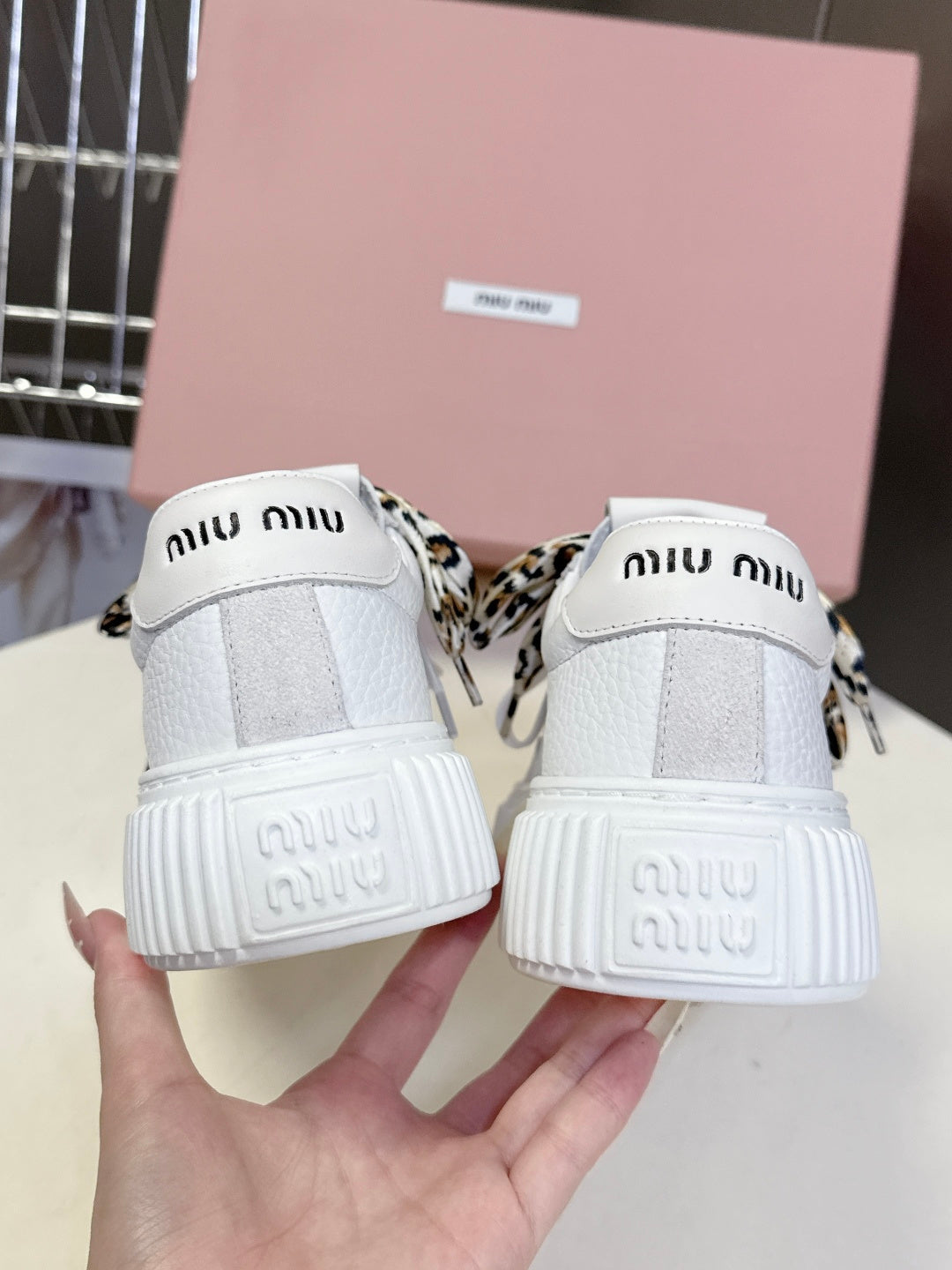 MIUMIU 25S SNEAKERS 45NN IN WHITE SUEDE WITH LEOPARD-PRINT LACES