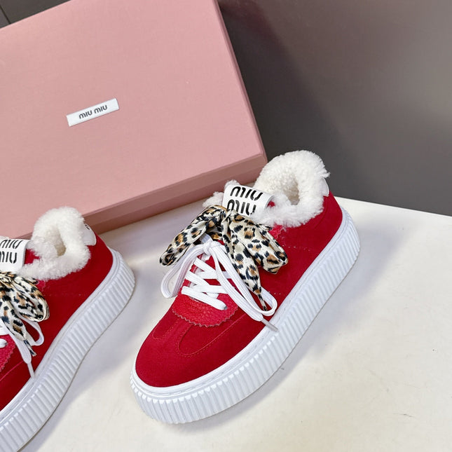 MIUMIU 25S SNEAKERS 45MM IN DARK RED SUEDE WITH LEOPARD-PRINT LACES SHEARLING