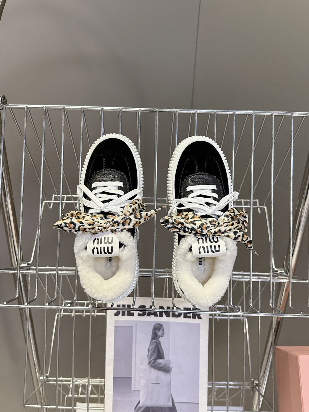 MIUMIU 25S SNEAKERS 45MM IN BLACK SUEDE WITH LEOPARD-PRINT LACES SHEARLING
