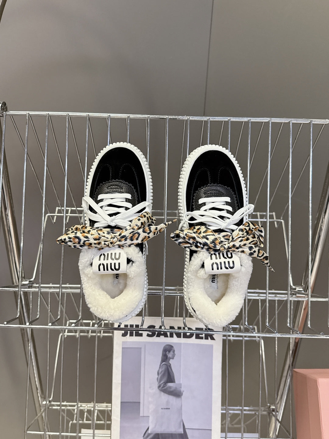 MIUMIU 25S SNEAKERS 45MM IN BLACK SUEDE WITH LEOPARD-PRINT LACES SHEARLING