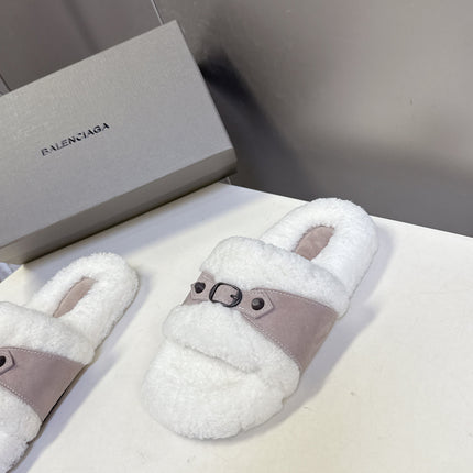 BALENCIAGA 25S SLIPPERS IN DUSTY PINK GRAY SUEDE AND WHITE WOOL