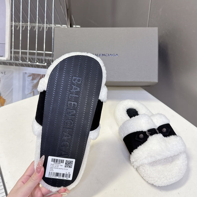 BALENCIAGA 25S SLIPPERS IN BLACK SUEDE AND WHITE WOOL