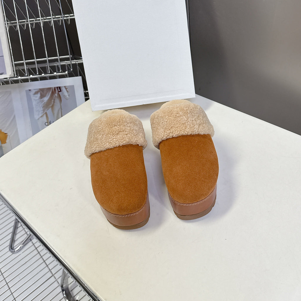CELINE 26S WEDGE MULES IN ORANGE BROWN SUEDE AND BEIGE WOOL