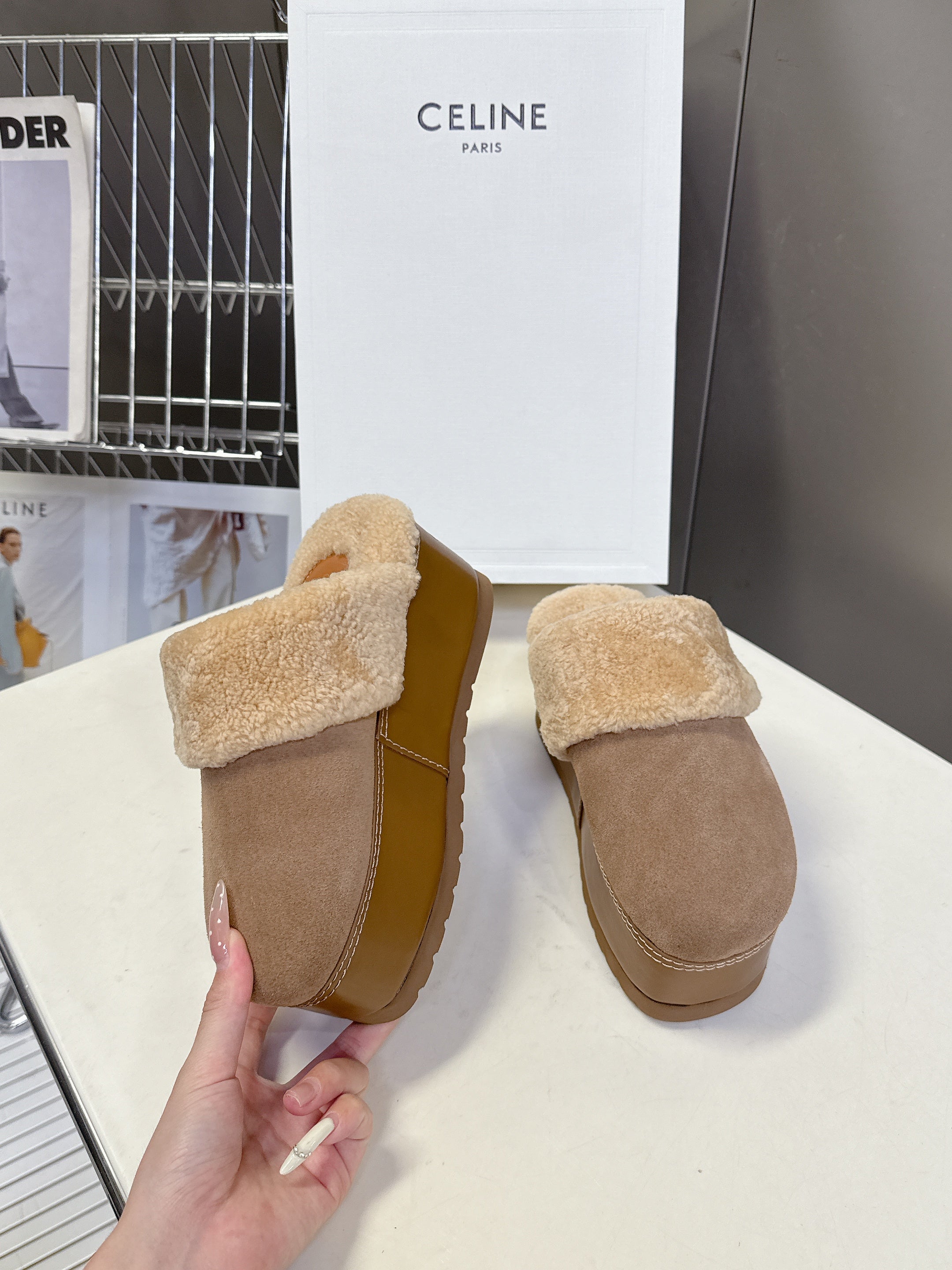 CELINE 26S WEDGE MULES IN SAND BEIGE SUEDE AND WOOL