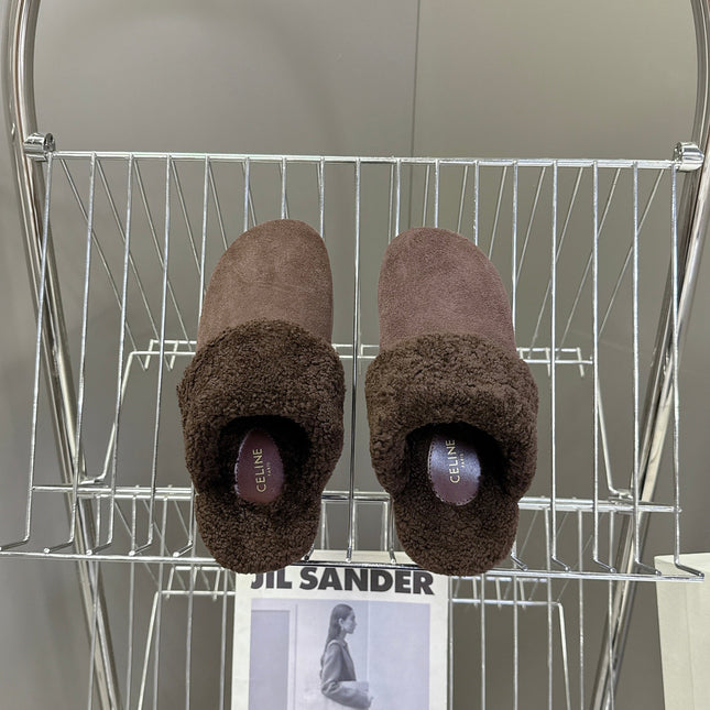 CELINE 26S WEDGE MULES IN PLUM BROWN SUEDE AND WOOL