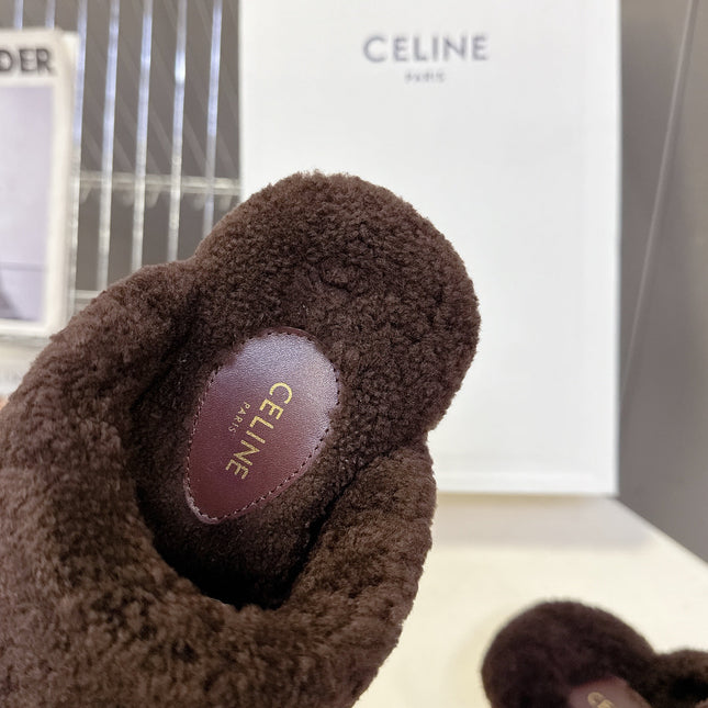 CELINE 26S WEDGE MULES IN PLUM BROWN SUEDE AND WOOL