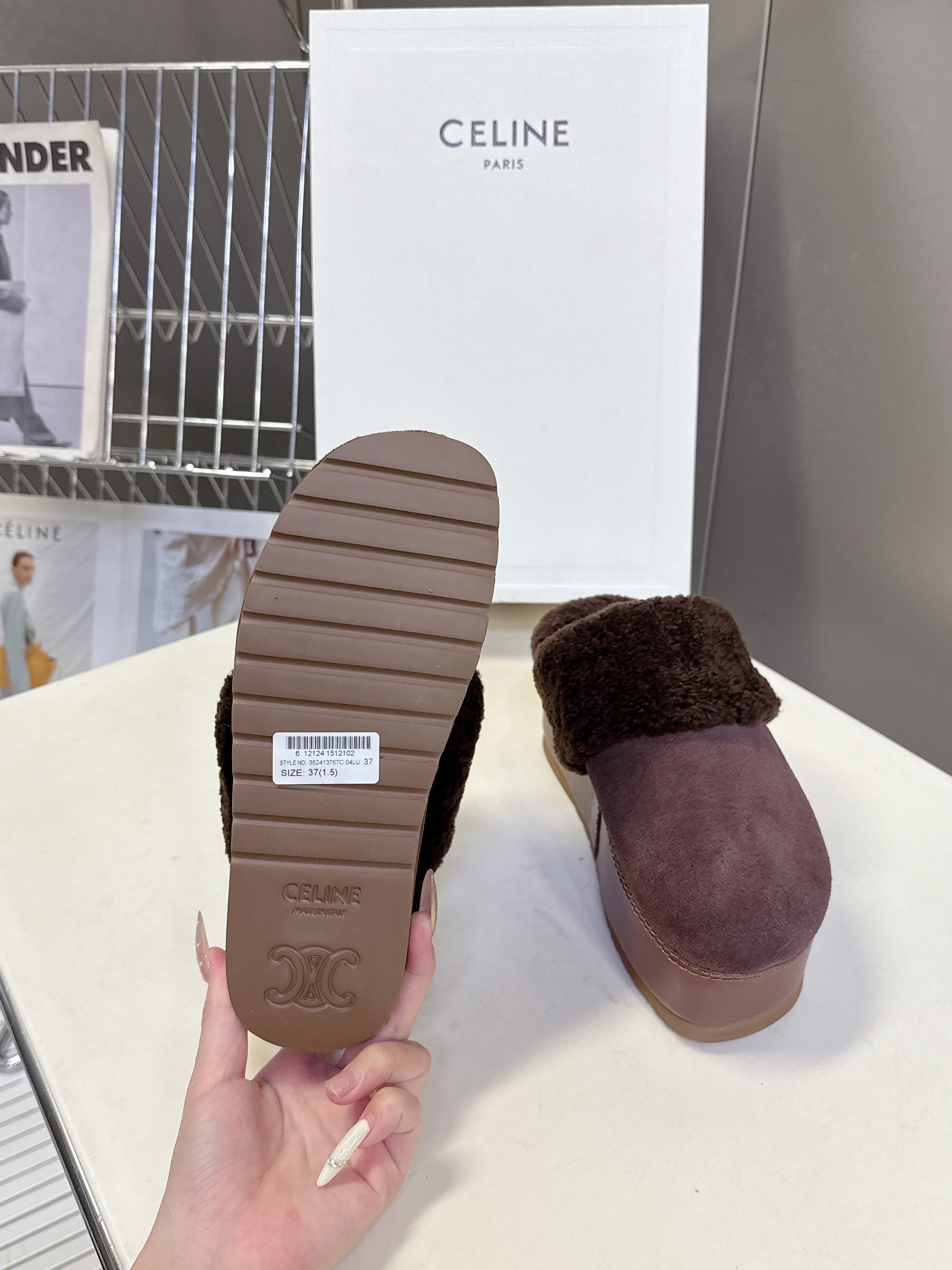CELINE 26S WEDGE MULES IN PLUM BROWN SUEDE AND WOOL