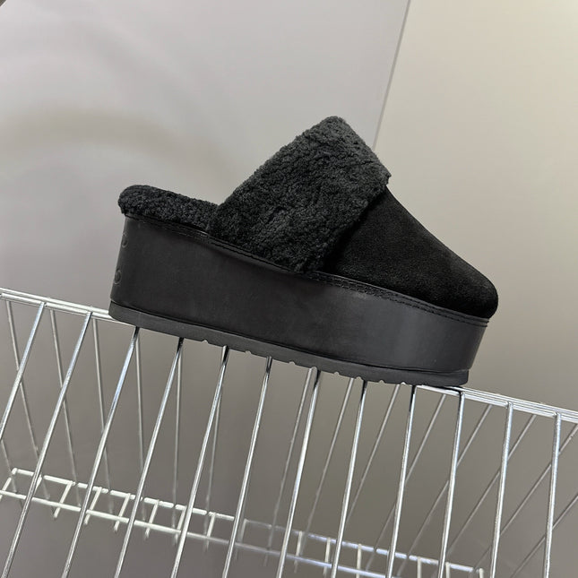 CELINE 26S WEDGE MULES IN BLACK SUEDE AND WOOL