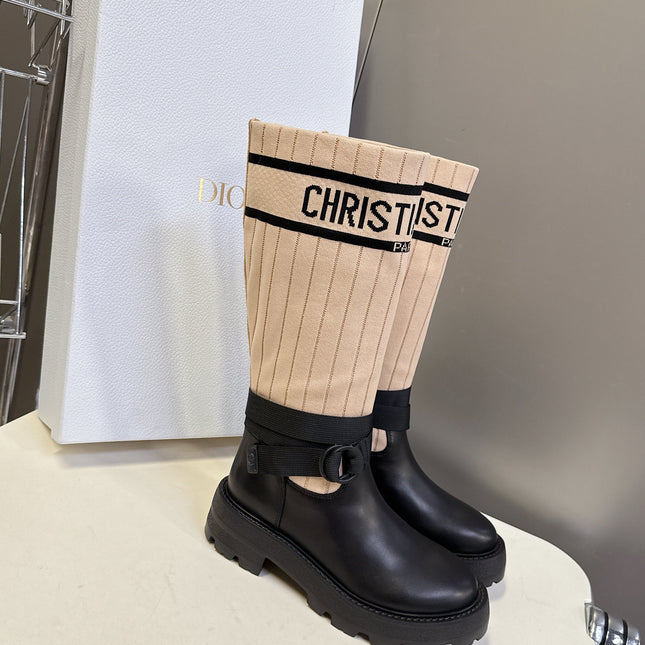 DIOR 25S D-MAJOR ANKLE BOOTS IN BLACK CALFSKIN AND LIGHT BEIGE FABRIC