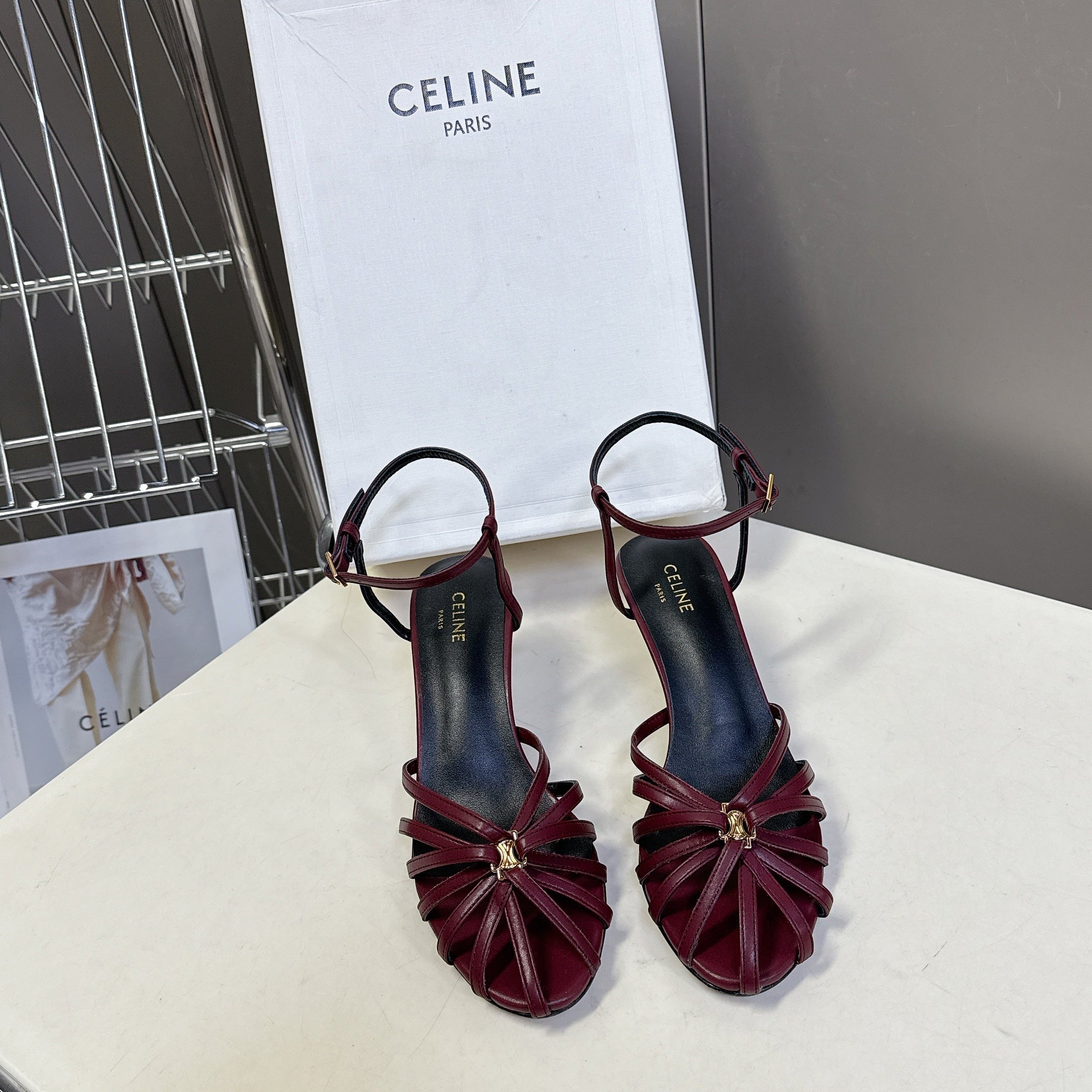CELINE 26S HIGH-HEEL SANDALS 60 MM IN DARK RED CALFSKIN