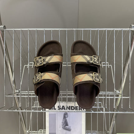 BURBERRY 26S DOUBLE BUCKLE SANDALS IN DARK BROWN SUEDE