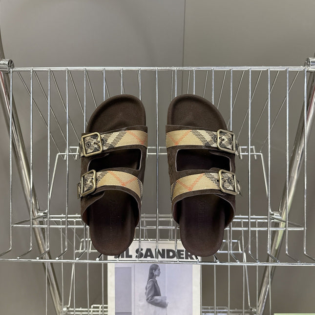 BURBERRY 26S DOUBLE BUCKLE SANDALS IN DARK BROWN SUEDE