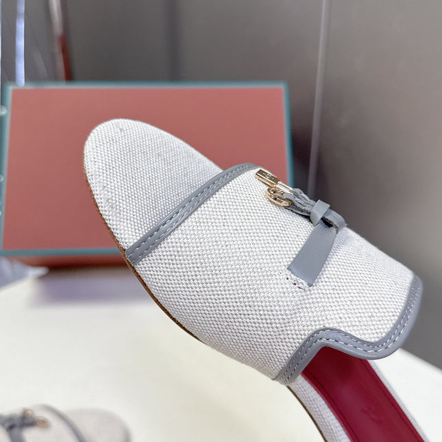 LP 26S SLIDES IN BEIGE CANVAS AND GREY CALFSKIN