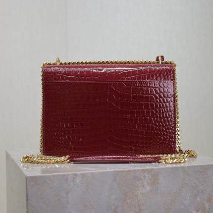 YSL 25S SUNSET MEDIUM 22 IN CRIMSON RED CROCODILE-EMBOSSED CALFSKIN GOLD HARDWARE
