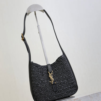 YSL 25S LE 5 À 7 SUPPLE SMALL 16 IN BLACK RAFFIA AND LEATHER GOLD HARDWARE