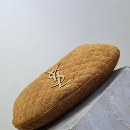 YSL 25S ICARINO 44 IN CARAMEL QUILTED SUEDE GOLD HARDWARE
