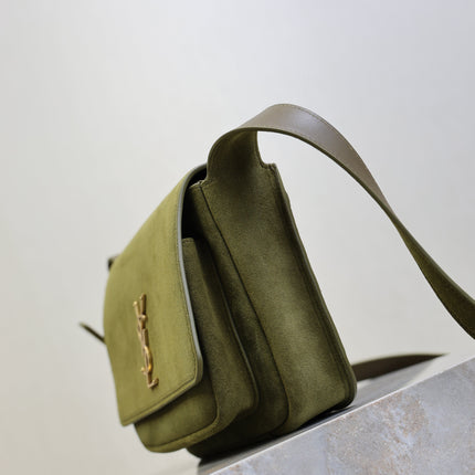 YSL 25S NIKI SATCHEL 22 IN BARLEY GREEN SUEDE GOLD HARDWARE