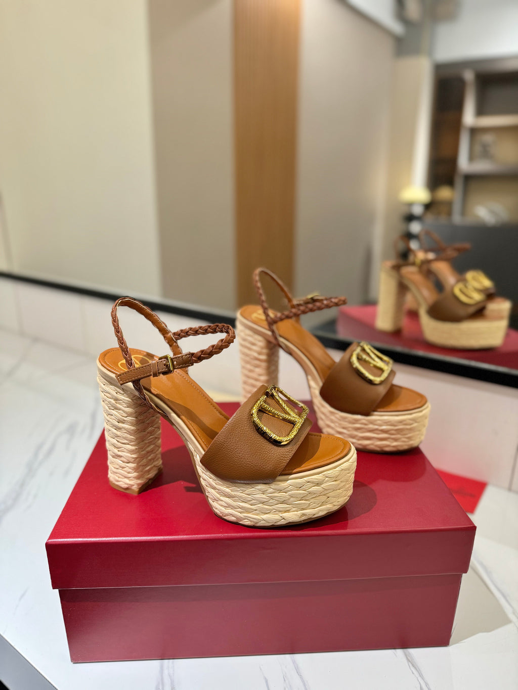 VLTN ESPADRILLE WEDGE SANDALS 25S 115 MM IN BROWN LAMBSKIN WITH GOLD HARDWARE