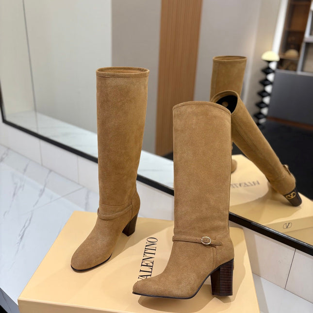 VALENTINO 25S GARAVANI PATTIE KNEE-HIGH BOOTS 80 MM IN LIGHT BROWN SUEDE