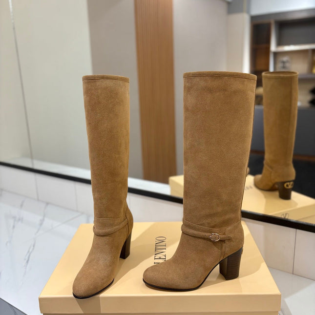 VALENTINO 25S GARAVANI PATTIE KNEE-HIGH BOOTS 80 MM IN LIGHT BROWN SUEDE