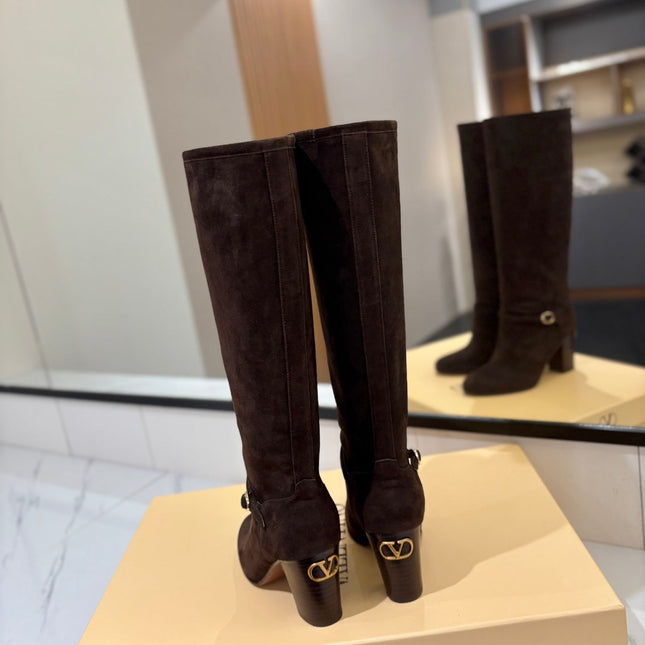 VALENTINO 25S GARAVANI PATTIE KNEE-HIGH BOOTS 80 MM IN DARK BROWN SUEDE