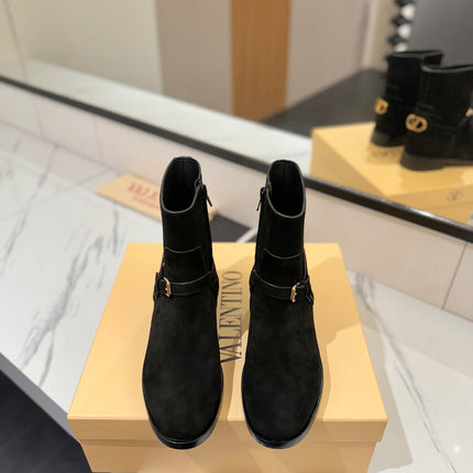 VALENTINO 25S PATTIE ANKLE BOOTS IN BLACK SUEDE WITH GOLD HARDWARE