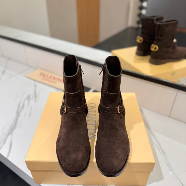 VALENTINO 25S PATTIE ANKLE BOOTS IN DARK BROWN SUEDE WITH GOLD HARDWARE