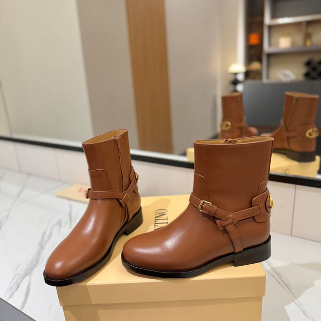 VALENTINO 25S PATTIE ANKLE BOOTS IN BROWN CALFSKIN WITH GOLD HARDWARE