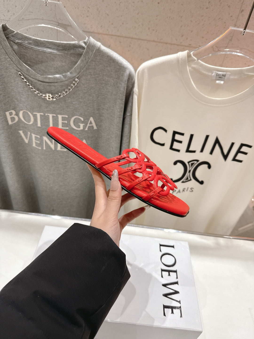 LOEWE 26S PETAL ANAGRAM SLIDE IN DARK RED CALFSKIN