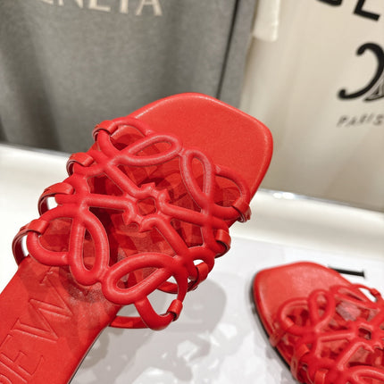 LOEWE 26S PETAL ANAGRAM SLIDE IN DARK RED CALFSKIN