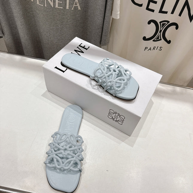 LOEWE 26S PETAL ANAGRAM SLIDE IN LIGHT BLUE CALFSKIN