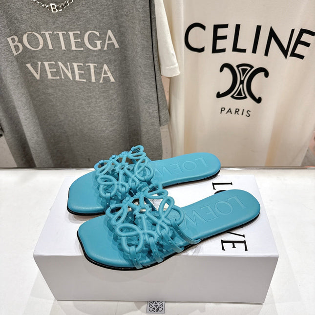 LOEWE 26S PETAL ANAGRAM SLIDE IN TEAL BLUE CALFSKIN