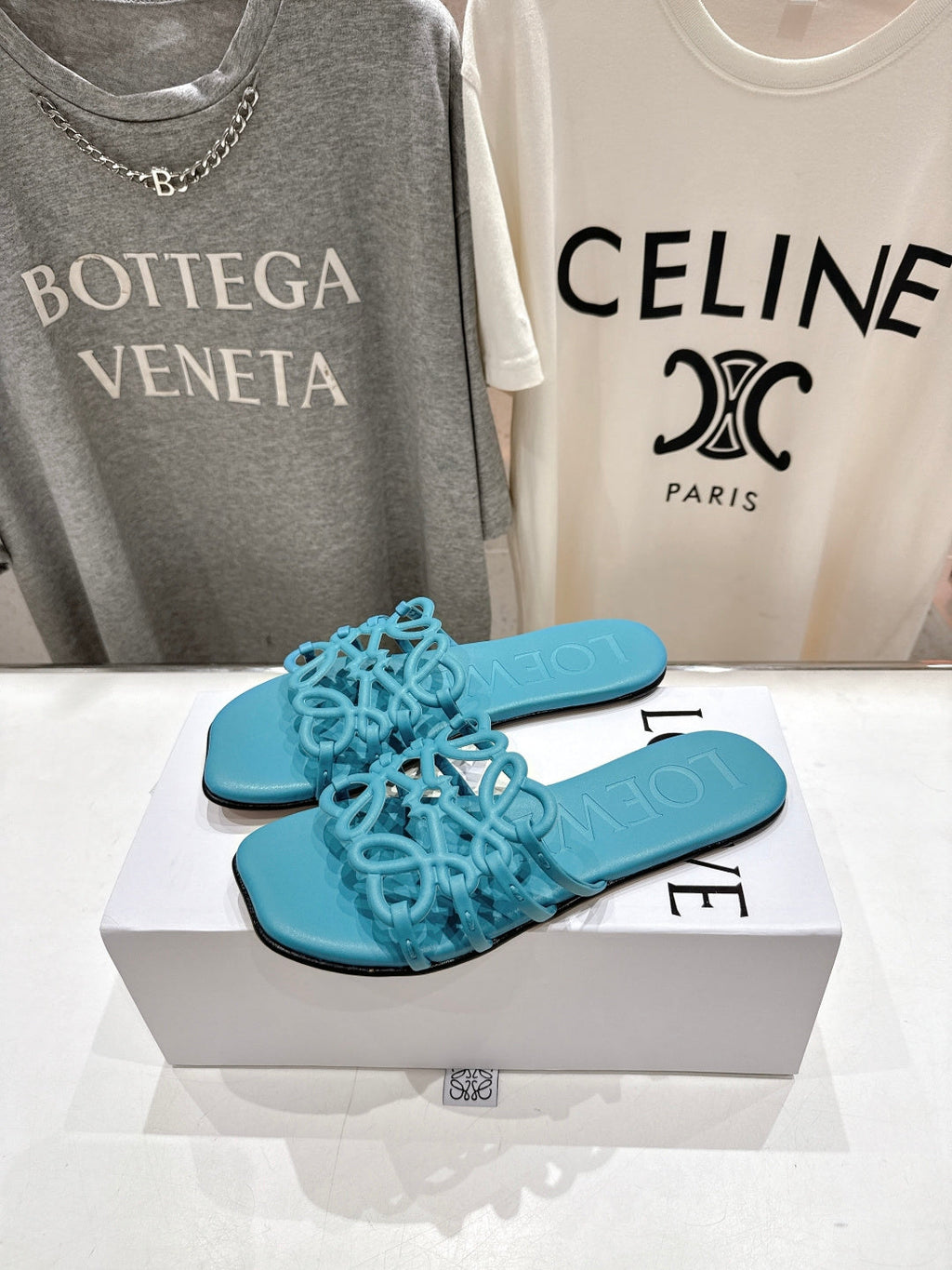 LOEWE 26S PETAL ANAGRAM SLIDE IN TEAL BLUE CALFSKIN