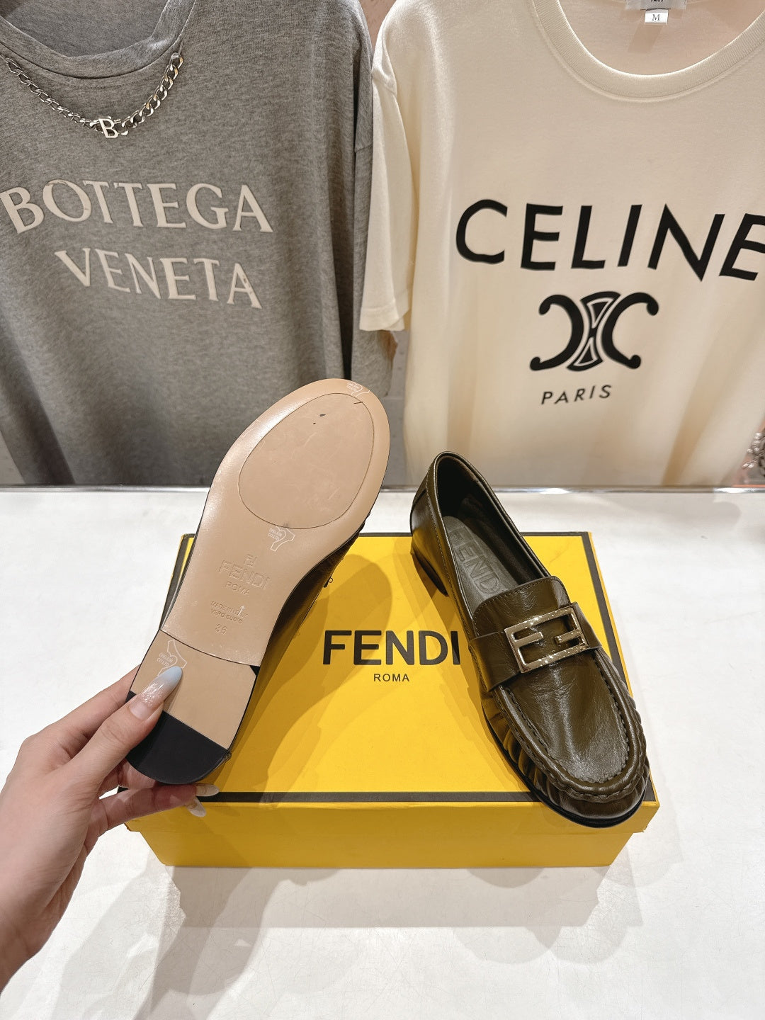 FENDI 25S LOAFERS IN DARK OLIVE BROWN CALFSKIN